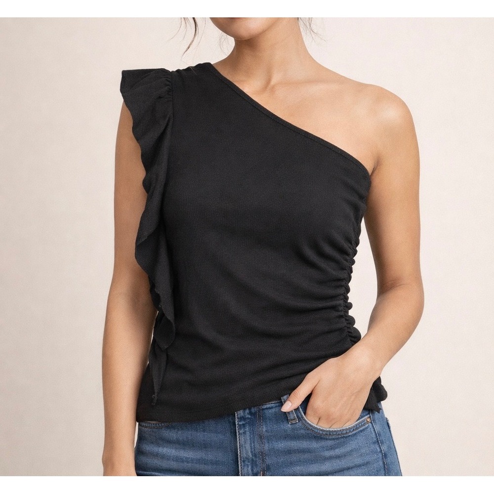 Anthropologie One Shoulder Ribbed Ruffle Top Black (1X) Plus Size Summer Stretch